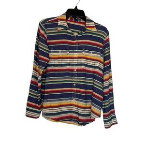 Chaps Button Up Top Women Sz M Vintage Multicolor Striped Cotton Long Sleeve